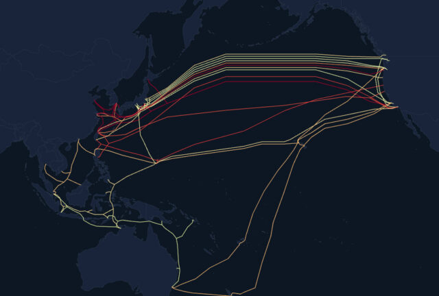 A map shows trans-Pacific undersea cables that are color-coded according to risk from sabotage and China's gray zone tactics. Red signifies greatest risk while lighter orange or yellow represent lower risk scores.