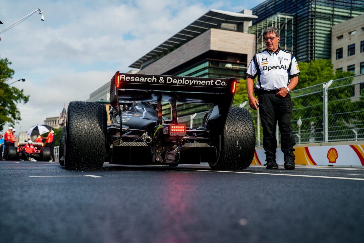 The back of an IndyCar with OpenAI sponsorship