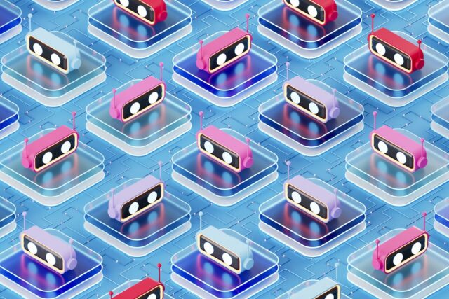 AI Chatbot Assistants on Glass Blocks, Artificial Intelligence Technology Concept. Digitally generated image. 3d render.