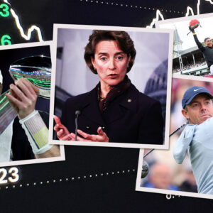 Collage of news photos shows Senator Blanche Lincoln at a press conference in 2010 and images from the Super Bowl, Masters, and Kentucky Derby.