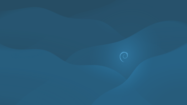 A desktop wallpaper consisting of cascading blue colors and a Debian Linux logo