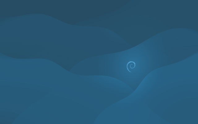 A desktop wallpaper consisting of cascading blue colors and a Debian Linux logo