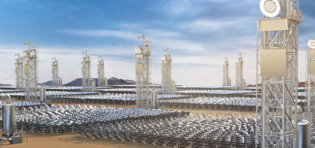 Image of a series of towers, each with a square patch of mirrors in front of it.