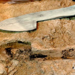 Image of a stone block with the imprint of a device with a blade and handle, with a model of a wooden version of the object that formed it just above.