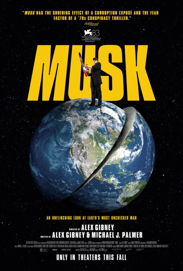 poster art for Musk documentary showing the planet earth with Musk standing on top wielding a chain saw
