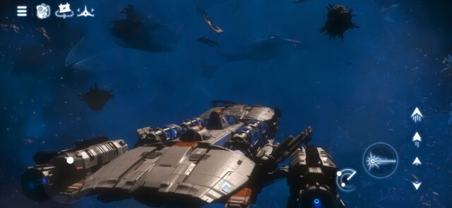 A spaceship, in space, with touch controls on screen