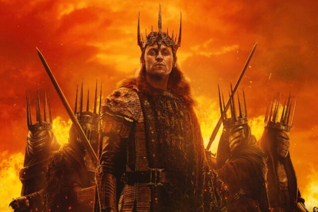 man wearing armor and three-pronged crown standing in front of a fiery sky