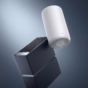 Marketing image displaying a Wi-Fi router and mesh Wi-Fi device.