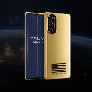A smartphone with a Trump Mobile logo.