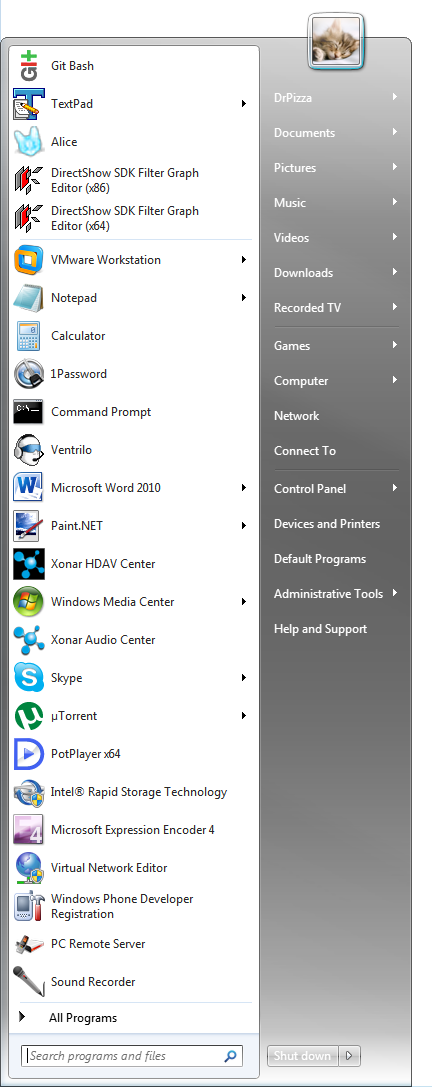 The Windows 7 Start menu with a bunch of settings changed