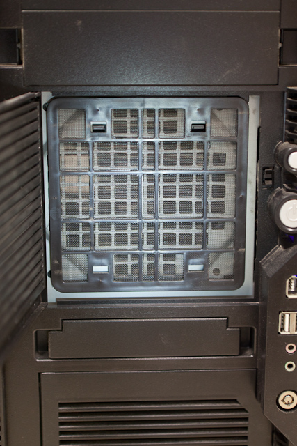 Easily removable dust filters for the intake fans, no tools needed. Open pattern on the grille is pretty good, but restricted by the plastic grill. (Antec P180).