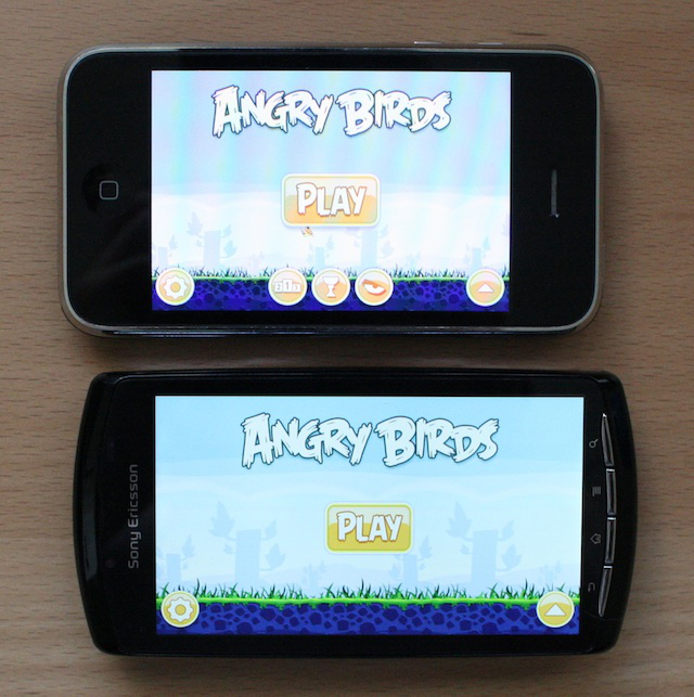 The Xperia Play's screen is noticeably dimmer than the older iPhone 3GS. In person, the white lettering almost looks yellow by comparison.