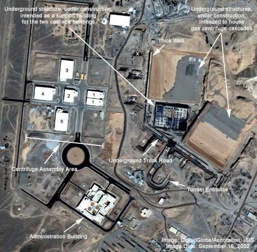 Satellite image of the Natanz nuclear enrichment plant in Iran taken in 2002 when it was still under construction. The image shows two cascade halls, in the upper right corner, as they were being built deep underground. The hall on the left, Hall A, is the only one currently operational and is the building where centrifuges believed to have been damaged by Stuxnet in 2009 were installed. 