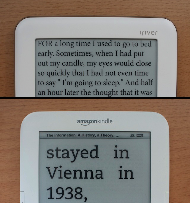 A comparison of the largest available font size on the Story HD, top, and Kindle, bottom.