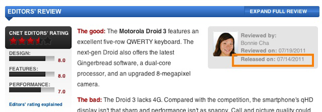 The release date of a reviewed device on CNET is listed at the beginning of the review.