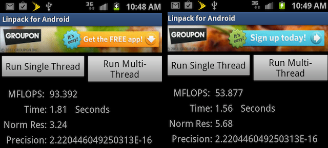 The Galaxy S II's Linpack scores (single-threaded, left, and multi-threaded)