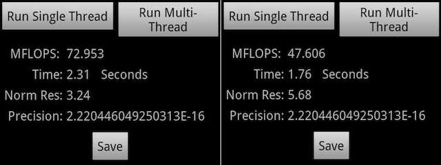 The T-Mobile Galaxy S II's Linpack scores, multi-threaded, left, and single-threaded