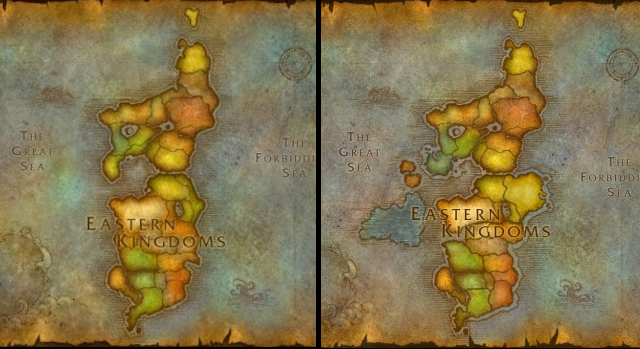 A comparison of the Eastern Kingdom's map shows areas that have emerged&#8212;for example, the Twilight Highlands hanging off the east coast, the sunken city of Vashj'ir emerged off the west.