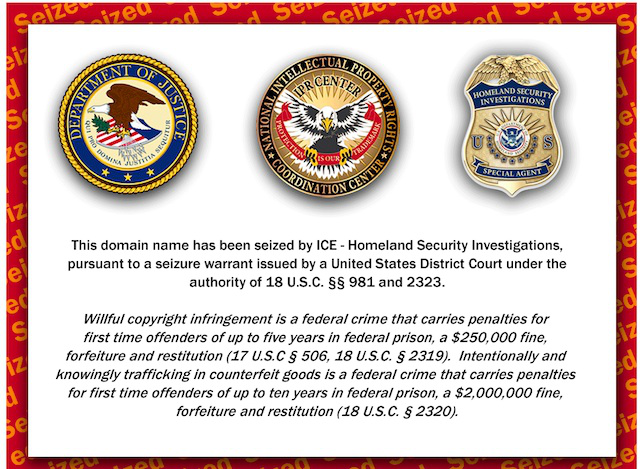 The ICE warning page on seized domains