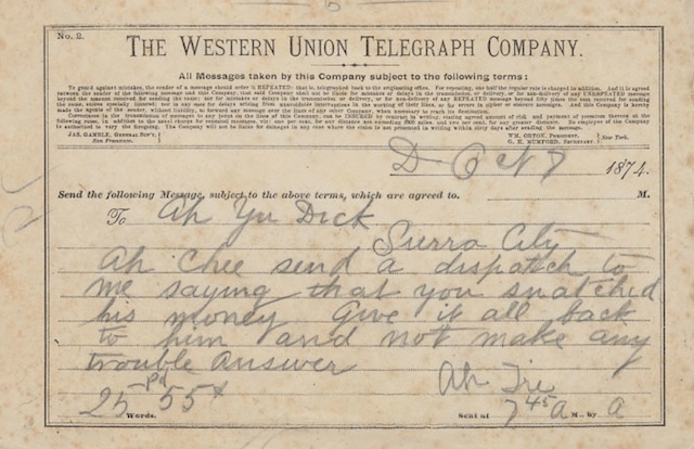 A Western Union telegram from 1874. Read the content to remember what a wild place the West could be