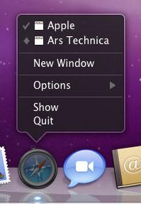Minimized windows in a Dock application menu