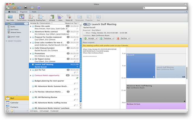 Another neat touch&#8212;calendars can show up in Email view when you get a meeting request