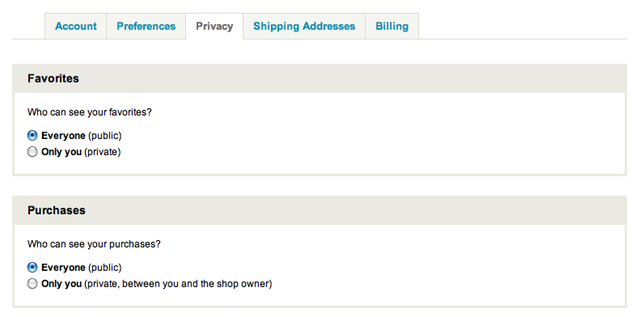Etsy's default privacy settings under the new policy