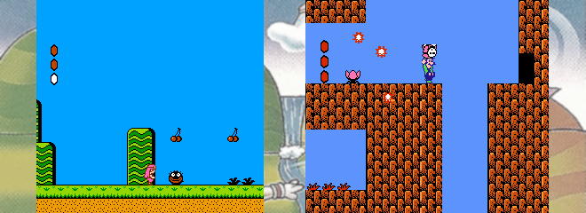 <i>Doki Doki Panic</i>, (left) starred a cast of Arabian Nights-type characters and different enemy designs from <i>Super Mario Bros. 2</i> (right).