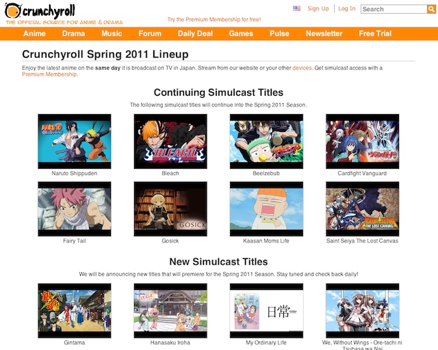 Crunchyroll's "simulcast" catalog