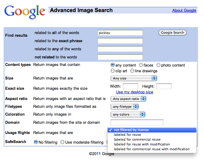 Google's advanced image search options