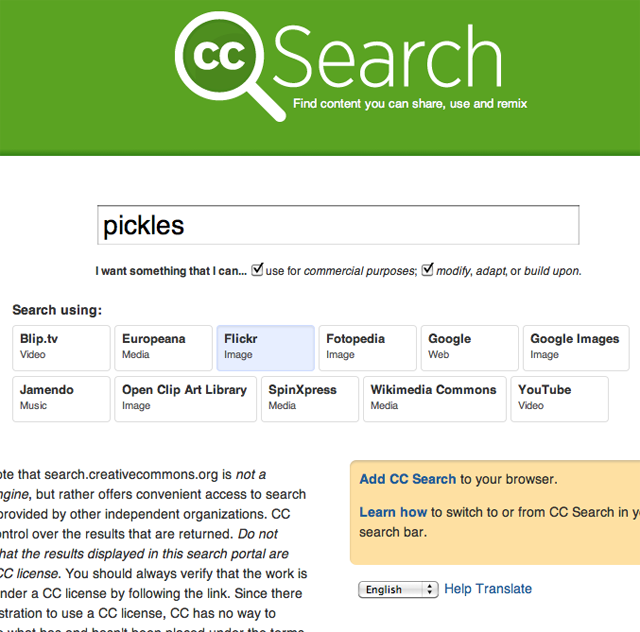 The Creative Commons image search window.