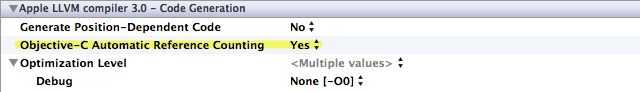 Xcode's ARC setting (highlight added)