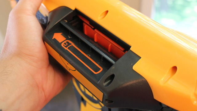 The Nerf tag darts load directly into the built-in magazine
