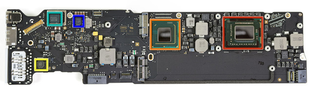 The logic board from a 13" MacBook Air. The 1.6GHz Intel Core i5 Processor-2557M is outlined in red, and the Intel PCH is in orange.