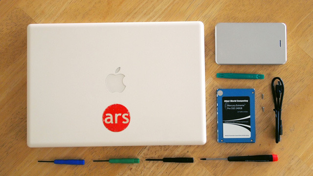 Everything we need to swap an SSD into a MacBook, including the SSD, an external 2.5" enclosure, and some tiny screwdrivers.