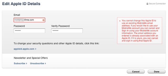 Don't try to use your MobileMe address with your current Apple ID&#8212;they are already separate accounts in Apple's database.