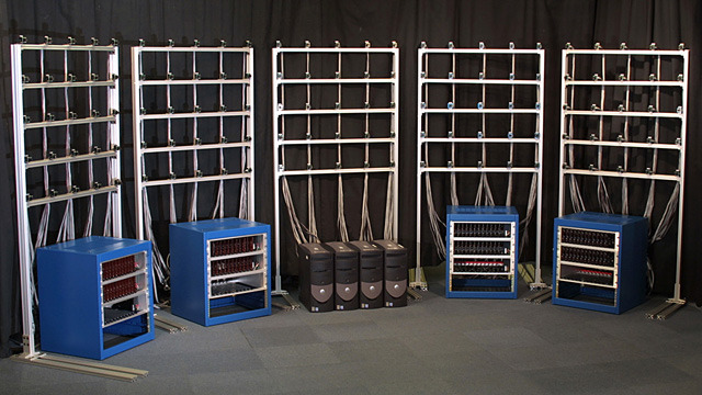 A multi-camera array built at Stanford to record light fields.