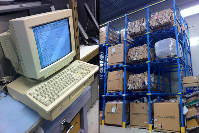 Left: OWC practices what it preaches, as this 'ancient' PowerMac 6100 runs component tests. Right: Recyclables collect in the warehouse until a full load is ready for pick up.