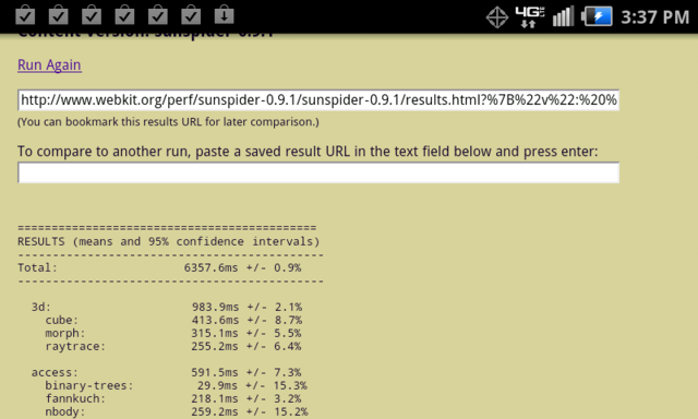Samsung Stratosphere browser performance with Sunspider 0.9.1