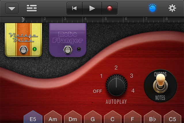 Tweaking knobs is done in a separate view on the iPhone&#8212;it just doesn't have the same screen real estate as the 9.7" iPad. However, you can still actively play chords by tapping them along the bottom.