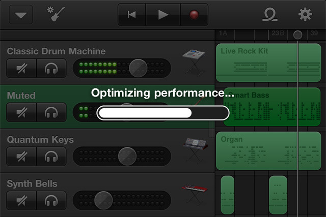 GarageBand likes to "optimize performance" quite a bit on the iPhone.