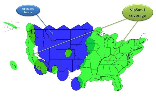 ViaSat-1's coverage areas in green; WildBlue coverage has been upgraded to the 12-megabit speed in the blue area.