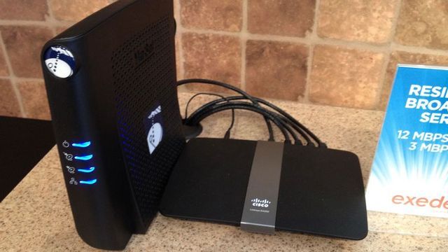 The Exede home internet "modem," connected to a Cisco Linksys wireless router.