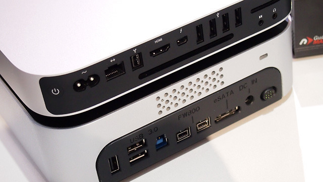 The miniStack Max has (from left to right) three USB 3.0 ports, two FireWire 800 ports, and an eSATA port for wide compatibility with Macs and PCs.