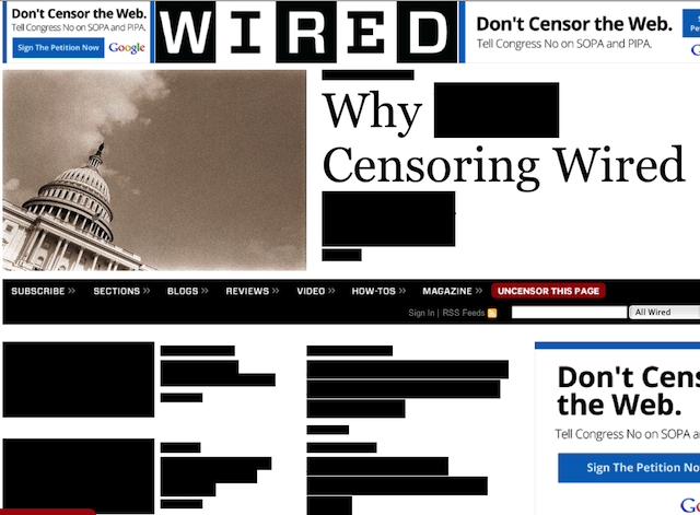 Wired, with its front-page content blacked out