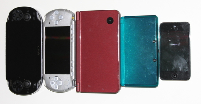 Size comparison. From left to right: Vita, PSP-3000, DSi XL, 3DS, iPod Touch