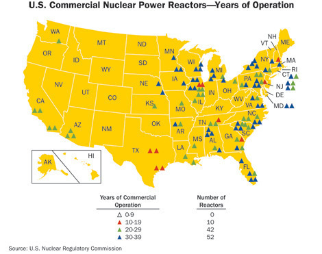 Map of the 104 currently operating nuclear reactors in the United States.