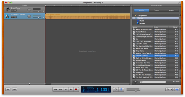 I've brought in Michael Jackson's "Smooth Criminal" as a track in GarageBand