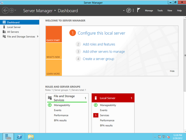 Windows Server 8's Server Manager right after installation. The "Quick Start" steps administrators through wizard-driven installs of features.