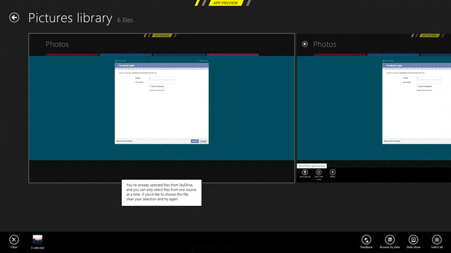 Photos doesn't let you select photos from more than one source at a time, and photos from SkyDrive can't be shared or deleted from the app.